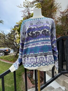 Women's Vintage Multi-Color Patterned Knit Sweater - Purple & Teal